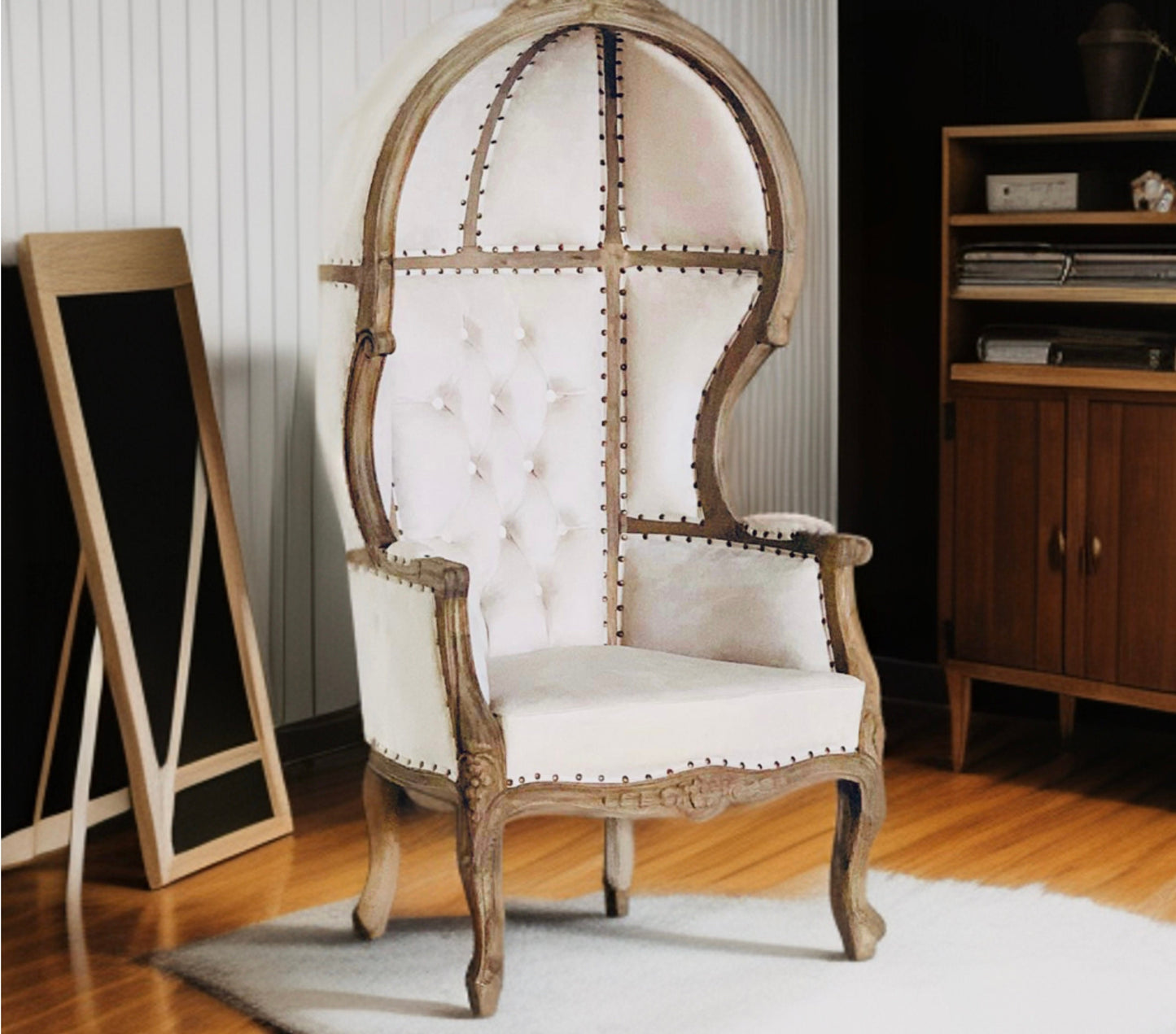 Balloon Chair | Porter Chair | Throne | Louis XV Style Tufted Dome Canopy Chair | White Linen | French Inspired Design
