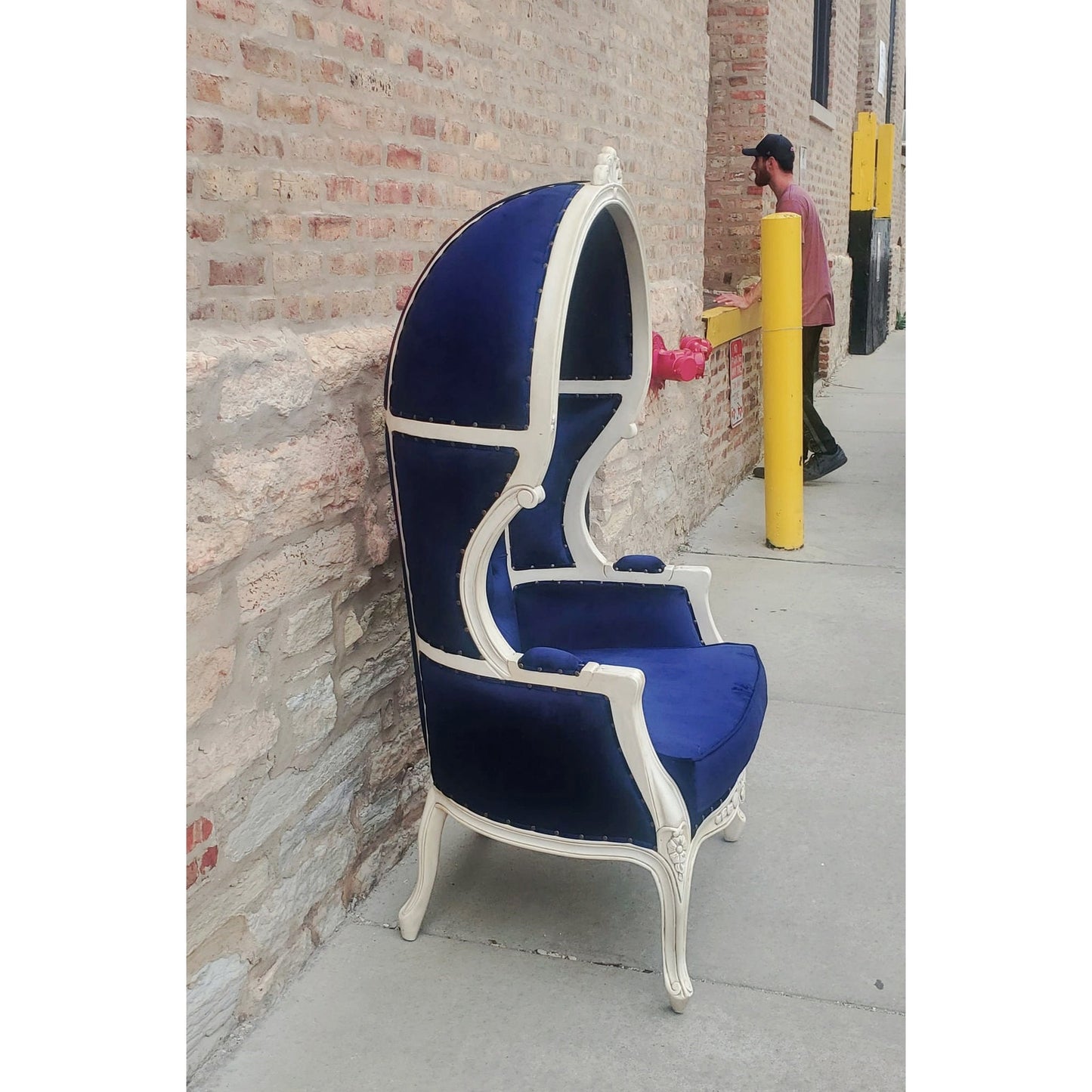 Balloon Chair | Porter Chair | Throne |Louis XV Style Tufted Dome Canopy Chair | Blue Velvet White Trim | French Inspired Design