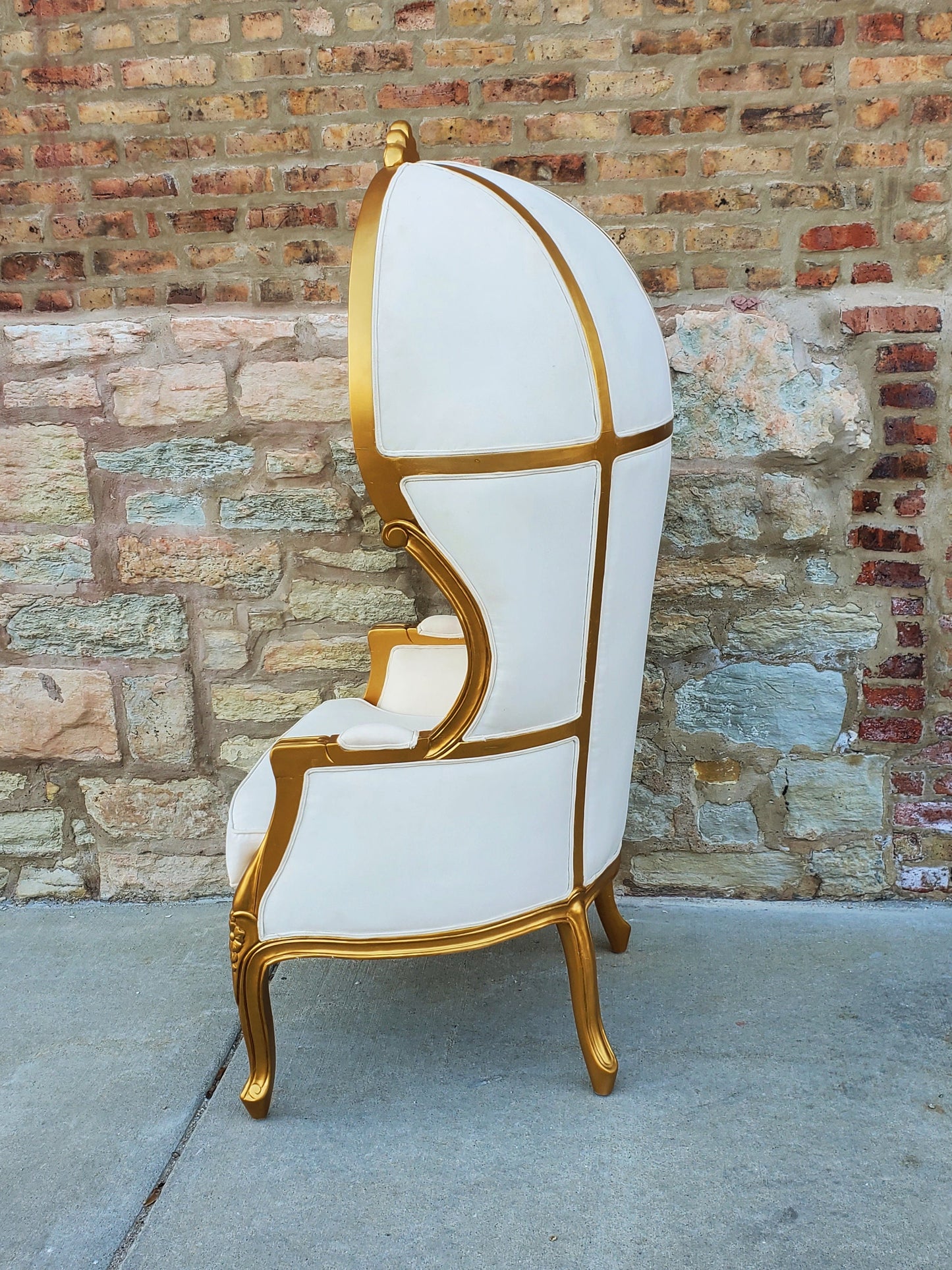 Balloon Chair | Porter Chair | White Linen Throne | Gold Trim | Louis XV Style Tufted Dome Canopy Chair | French Inspired Design