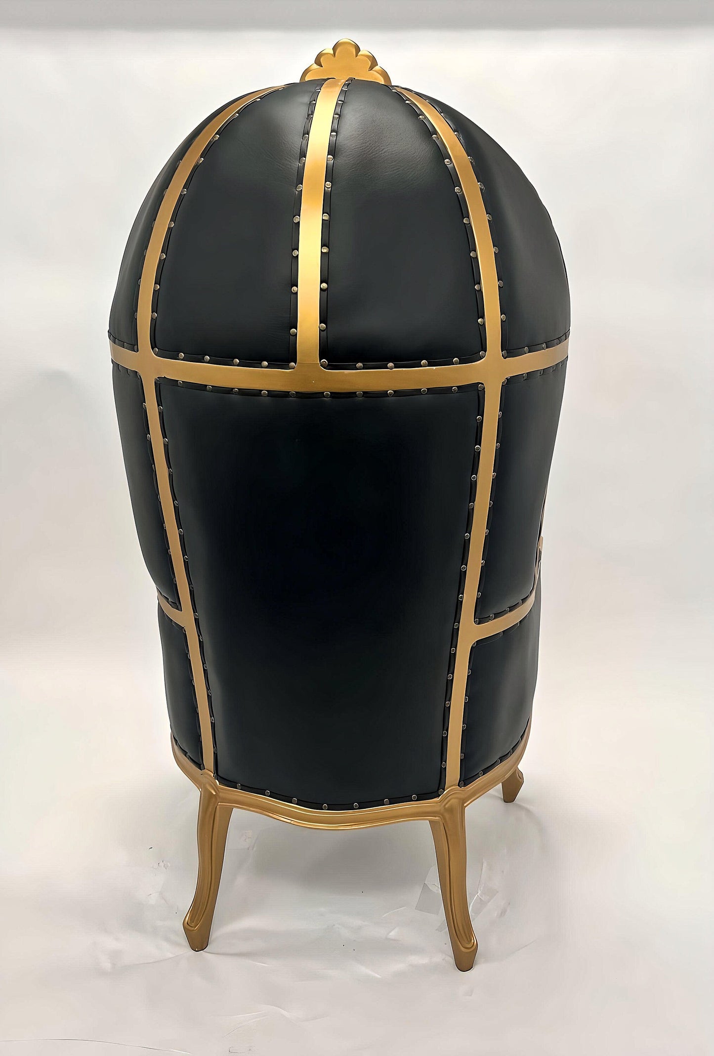 Balloon Chair | Porter Chair | Throne | Louis XV Style Tufted Dome Canopy Chair | Black Leather Gold Trim | French Inspired Design