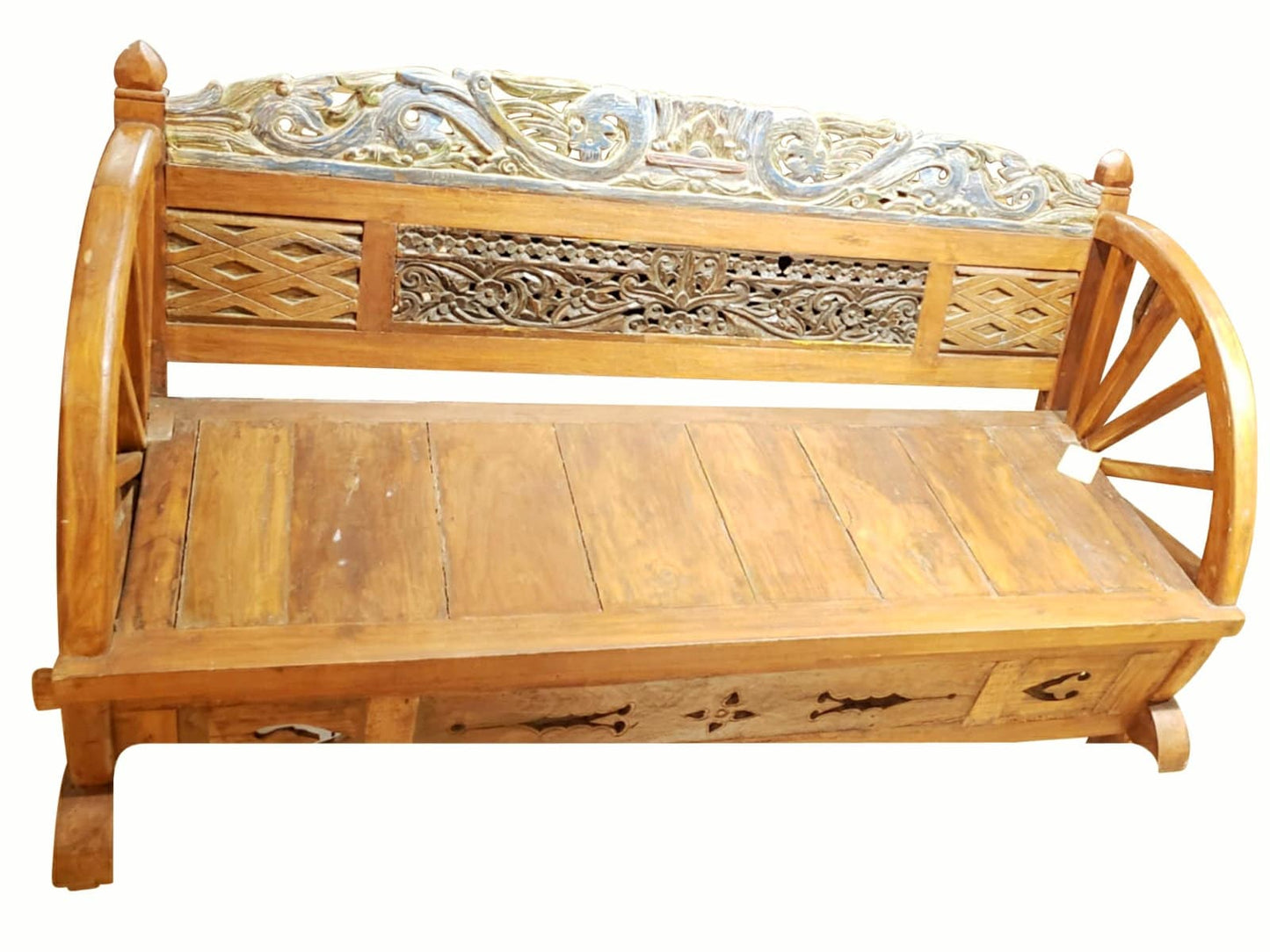 Reclaimed Teakwood Wagon Wheel Bench