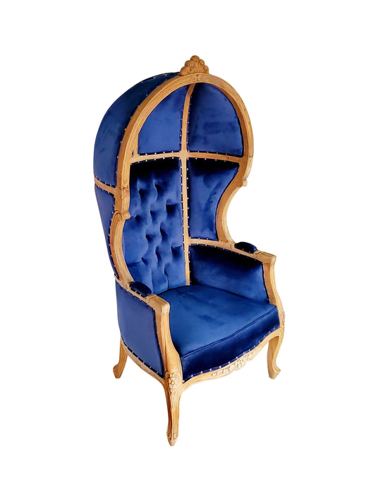 Balloon Chair | Porter Chair | Throne |Louis XV Style Tufted Dome Canopy Chair | Blue Velvet Natural Cedar Trim | French Inspired Design