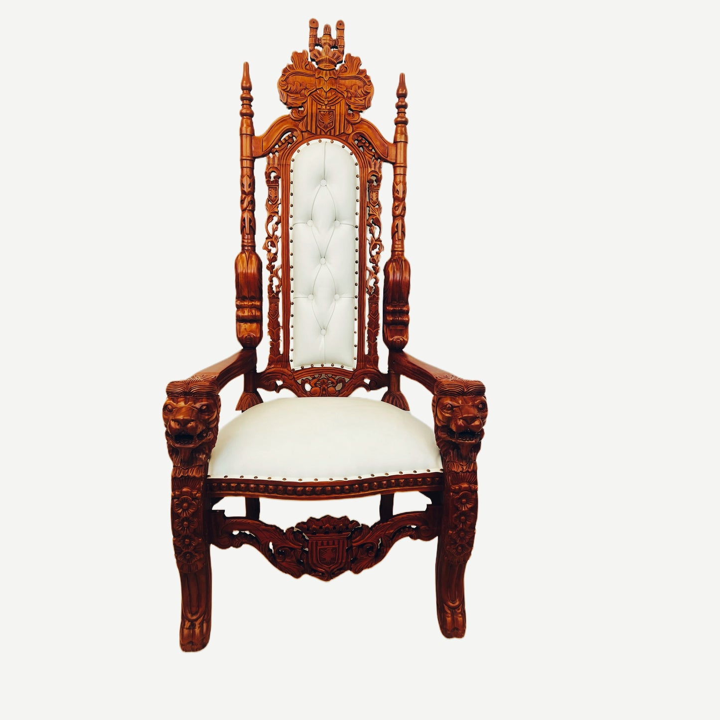 Throne Chair | King | Mahogany wood | Genuine Leather | White | Lion Head