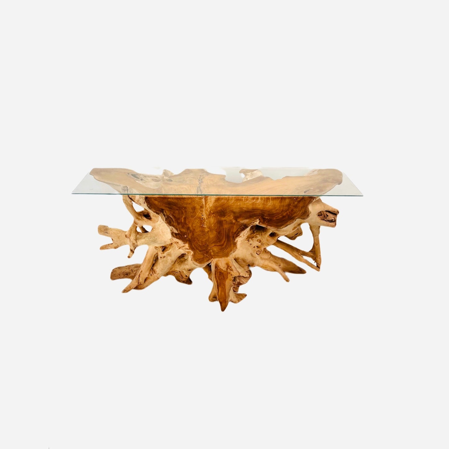 Teak Wood Root Console Table with Glass Top