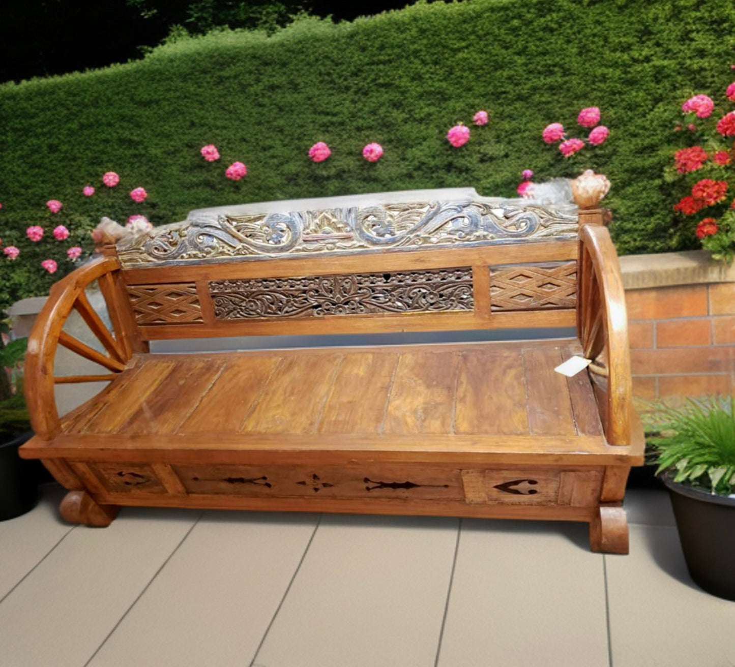 Reclaimed Teakwood Wagon Wheel Bench