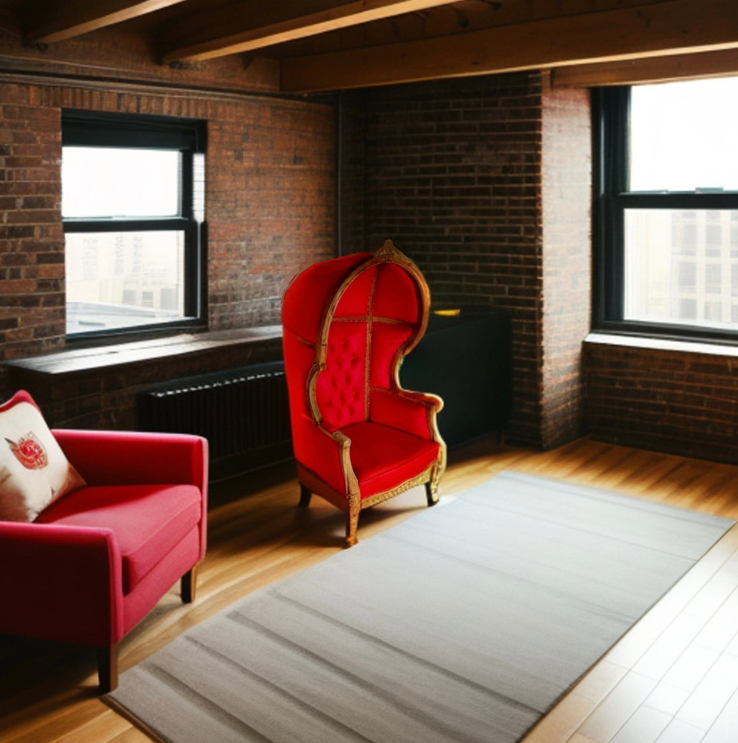 Balloon Chair | Porter Chair | Throne |Louis XV Style Tufted Dome Canopy Chair | Red Velvet Natural Cedar Trim | French Inspired Design