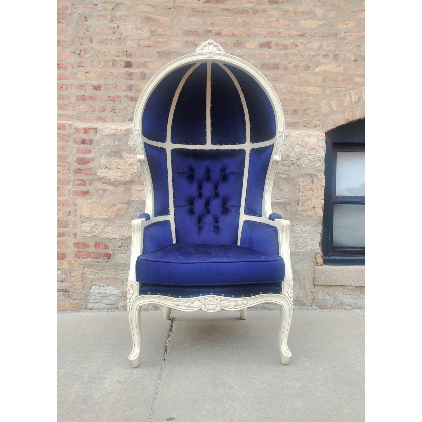 Balloon Chair | Porter Chair | Throne |Louis XV Style Tufted Dome Canopy Chair | Blue Velvet White Trim | French Inspired Design