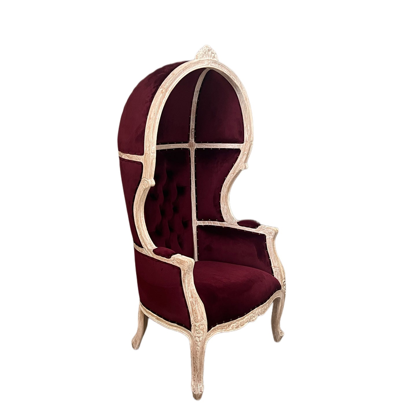 Balloon Chair | Porter Chair | Throne | Louis XV Style Tufted Dome Canopy Chair | Burgundy Velvet White-Wash Trim