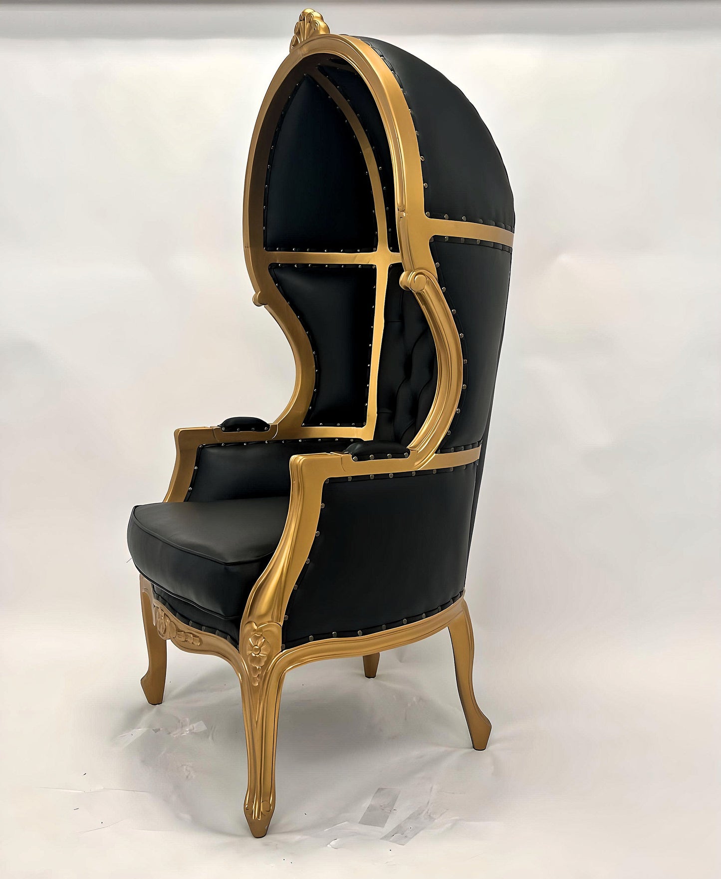 Balloon Chair | Porter Chair | Throne | Louis XV Style Tufted Dome Canopy Chair | Black Leather Gold Trim | French Inspired Design
