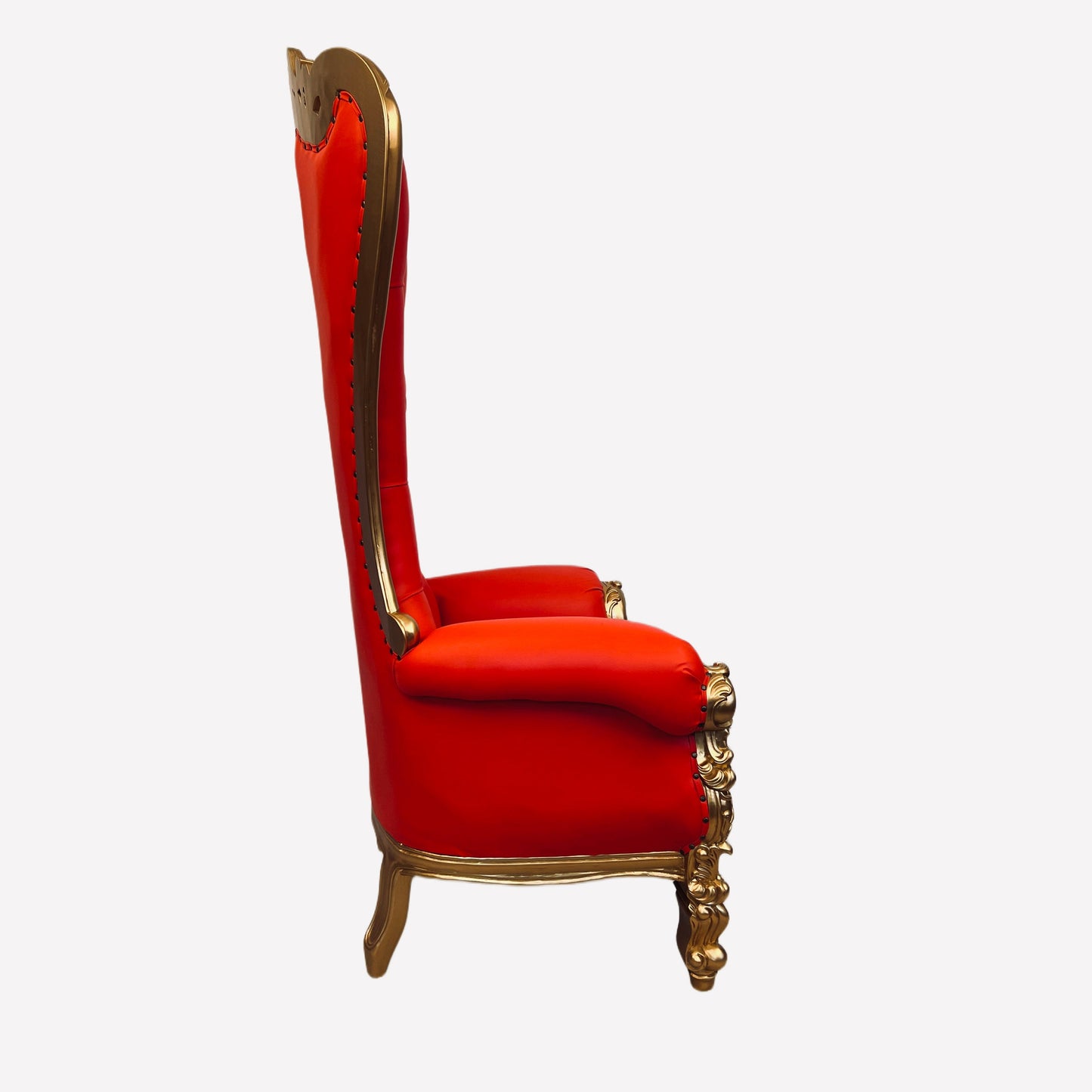 Throne Chair | Mahogany Wood Queen Ornate Frame Tufted Red Faux Leather Wedding Birthday Sweet 16 Quinceañera Graduation Party Foyer Lobby