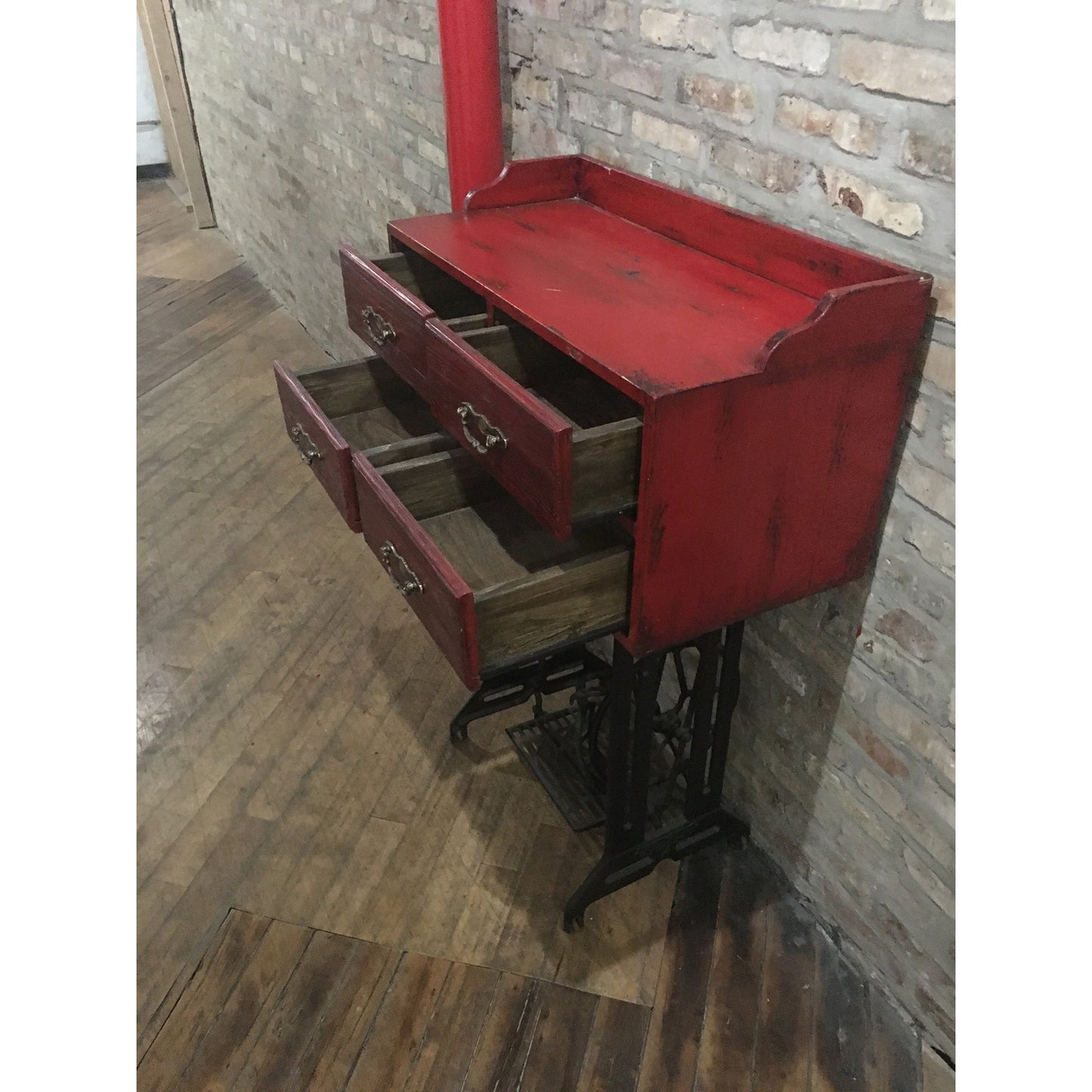 Reclaimed Industrial Table (Teakwood) with Cast Iron Sewing Machine Base