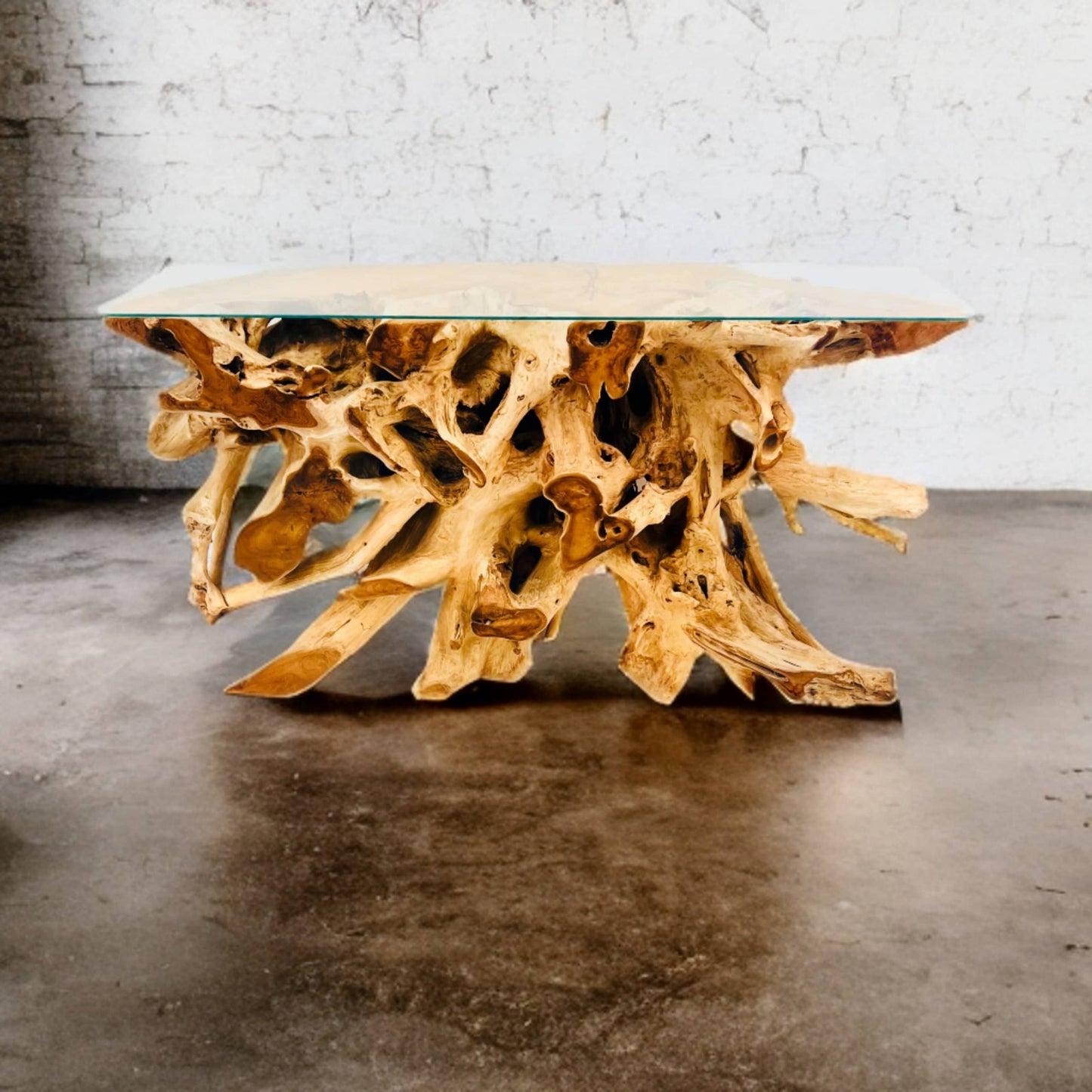 Teak Wood Root Console Table with Glass Top