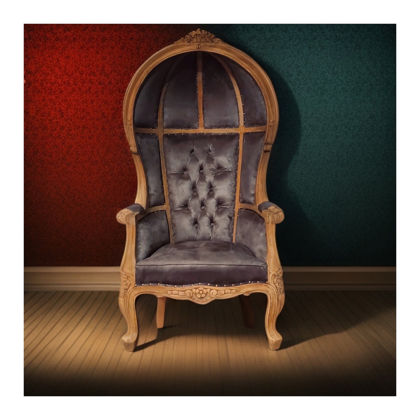 Balloon Chair | Porter Chair | Grey Velvet Throne | Louis XV Style Tufted Dome Canopy Chair | French Inspired Design