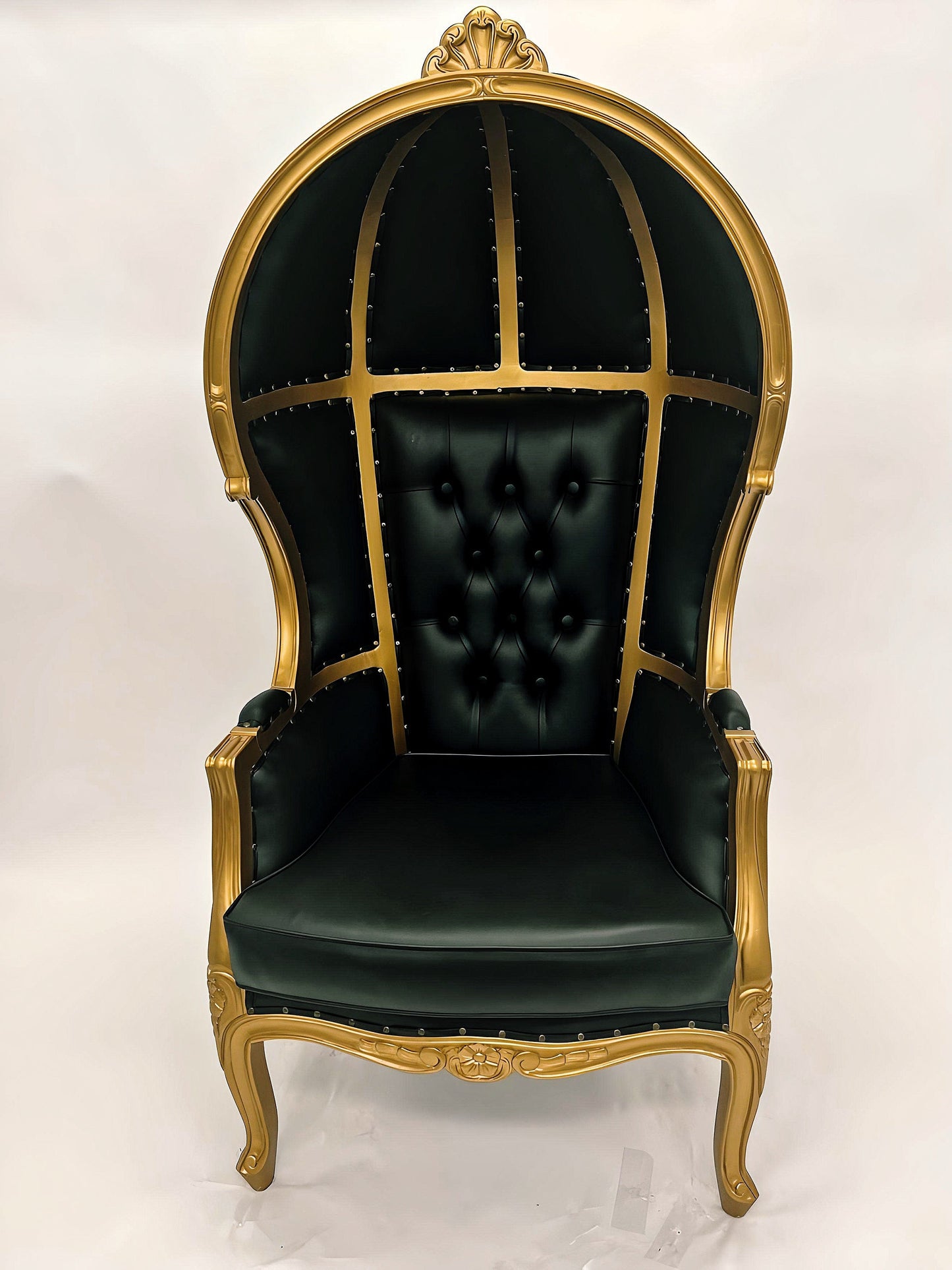 Balloon Chair | Porter Chair | Throne | Louis XV Style Tufted Dome Canopy Chair | Black Leather Gold Trim | French Inspired Design