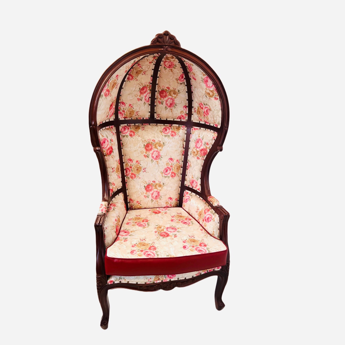 Balloon Chair | Porter Chair | Leather Throne | Louis XV Style Dome Canopy Chair | Red and Pink | French Inspired Design