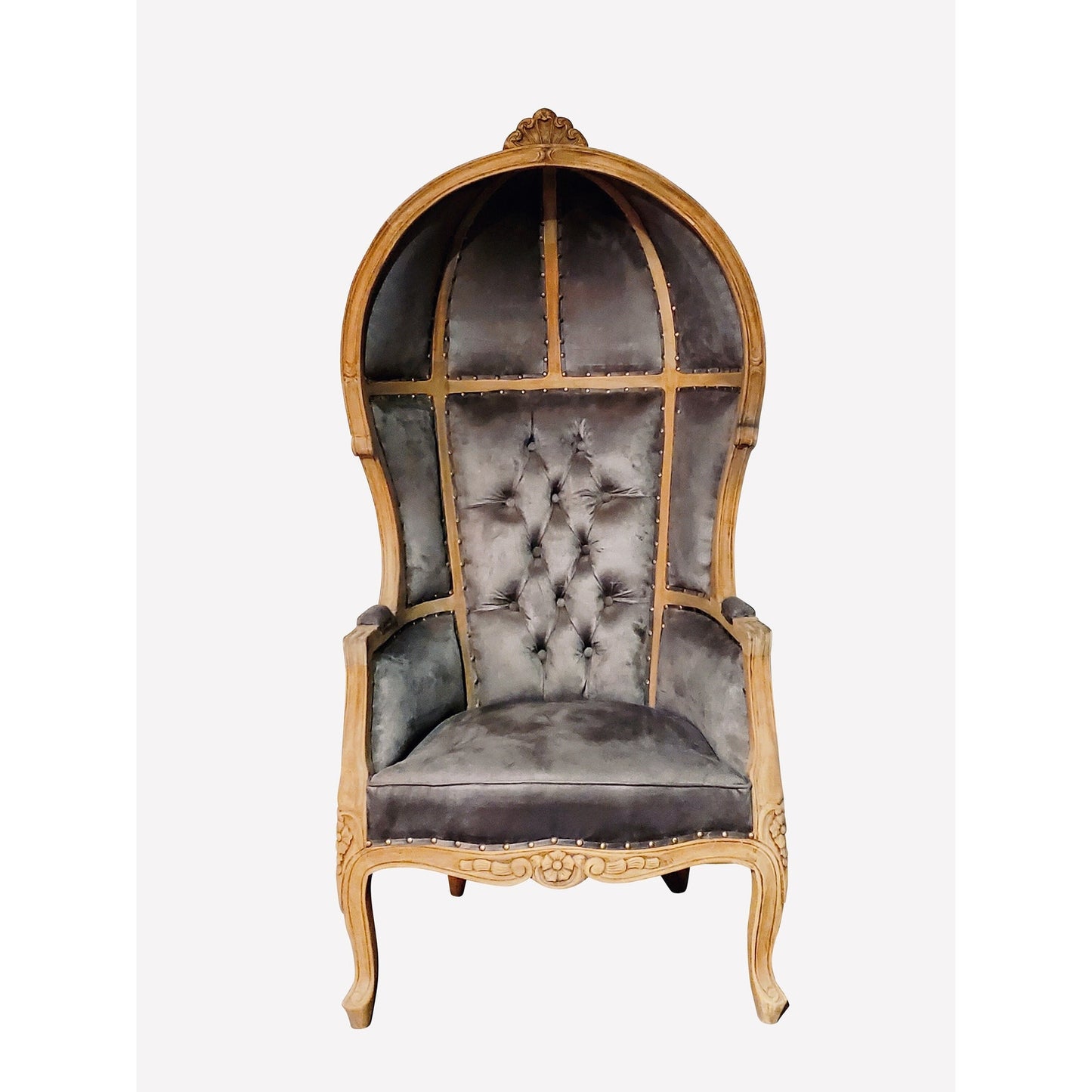 Balloon Chair | Porter Chair | Grey Velvet Throne | Louis XV Style Tufted Dome Canopy Chair | French Inspired Design