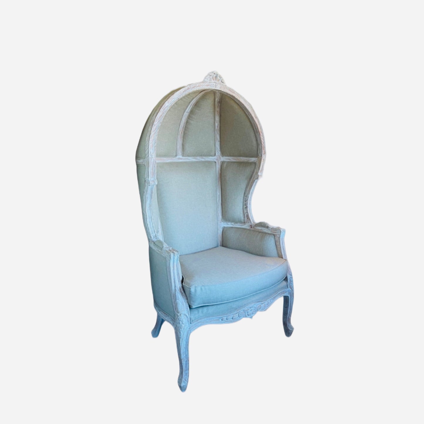 Balloon Chair | Porter Chair | Throne | Louis XV Style Dome Canopy Chair | Beige Fabric White-wash Trim | French Inspired Design