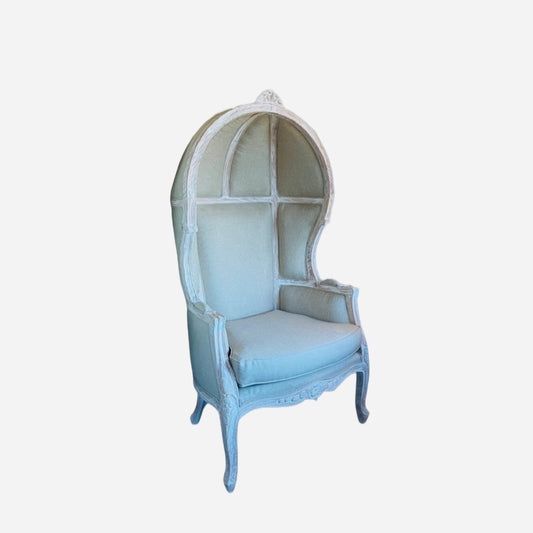 Balloon Chair | Porter Chair | Throne | Louis XV Style Dome Canopy Chair | Beige Fabric White-wash Trim | French Inspired Design