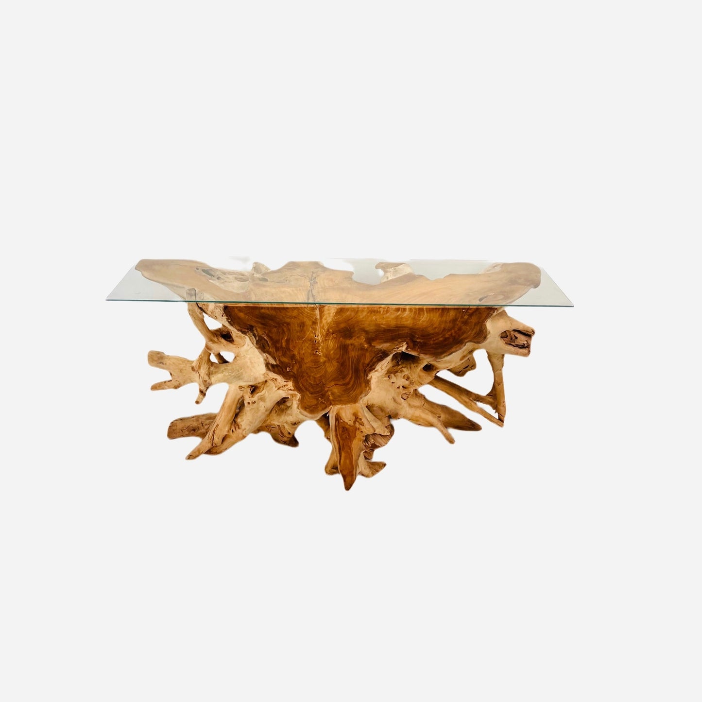 Teak Wood Root Console Table with Glass Top