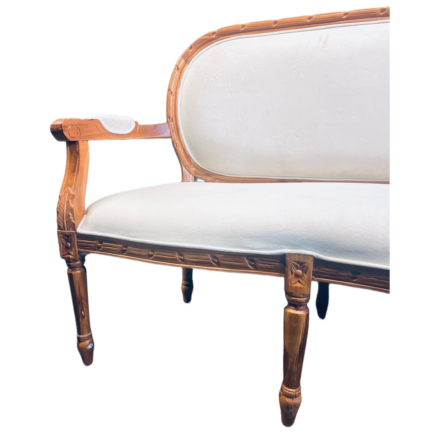 French Teakwood Velvet Loveseat, Sofa