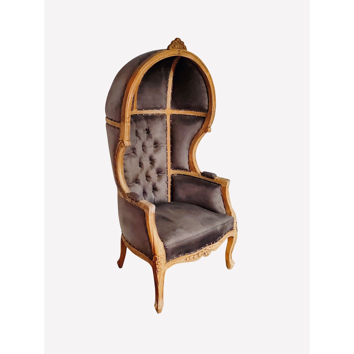 Balloon Chair | Porter Chair | Grey Velvet Throne | Louis XV Style Tufted Dome Canopy Chair | French Inspired Design