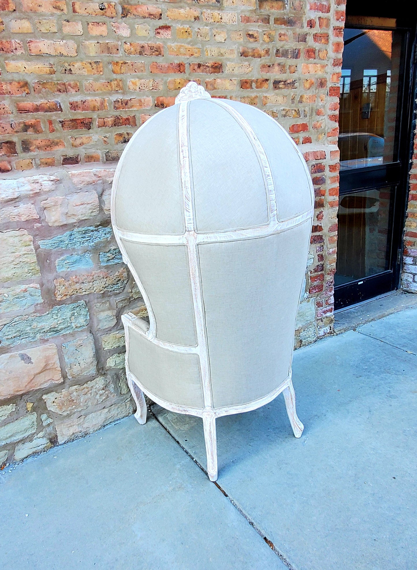 Balloon Chair | Porter Chair | Throne | Louis XV Style Dome Canopy Chair | Beige Fabric White-wash Trim | French Inspired Design