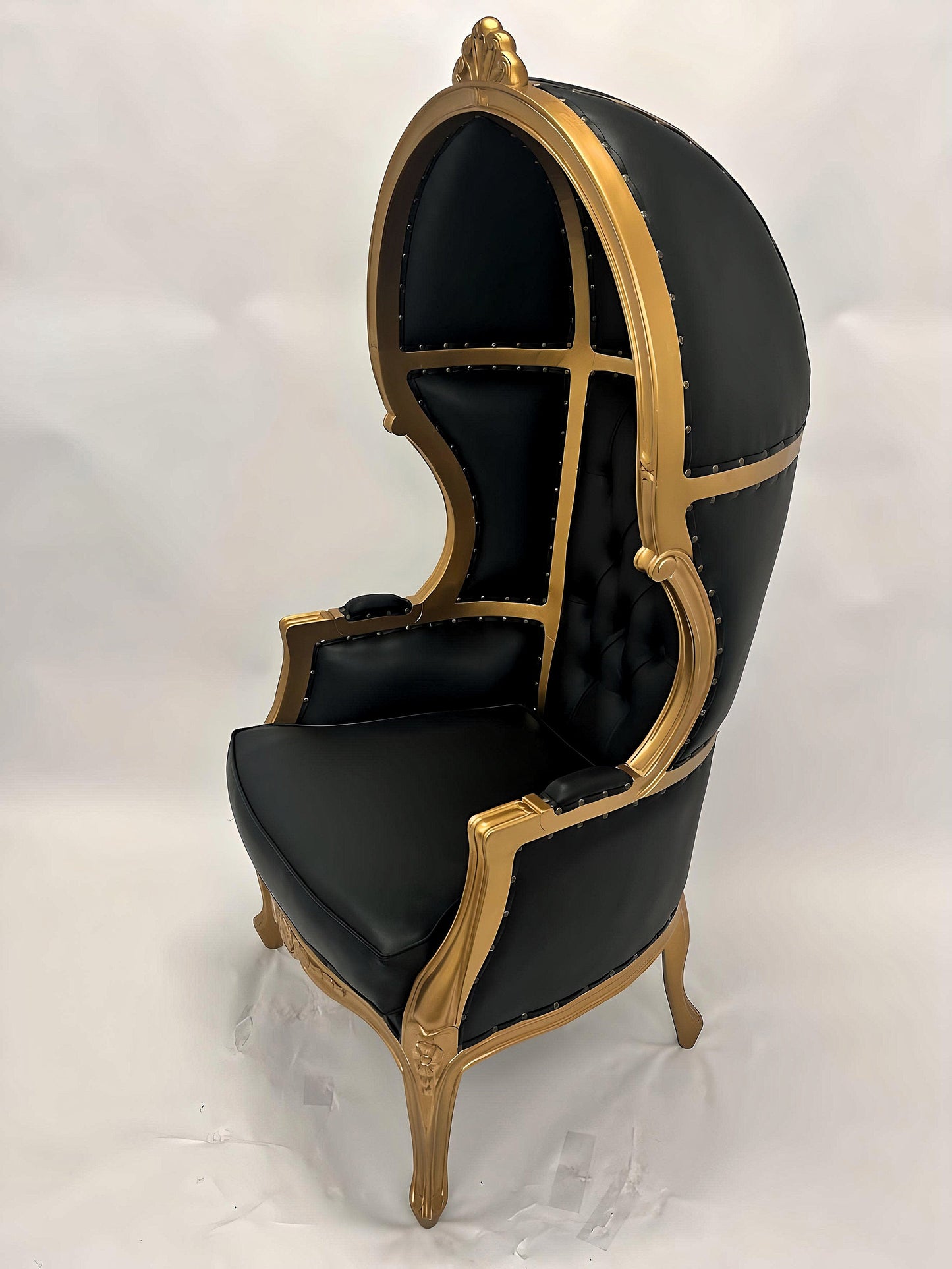 Balloon Chair | Porter Chair | Throne | Louis XV Style Tufted Dome Canopy Chair | Black Leather Gold Trim | French Inspired Design