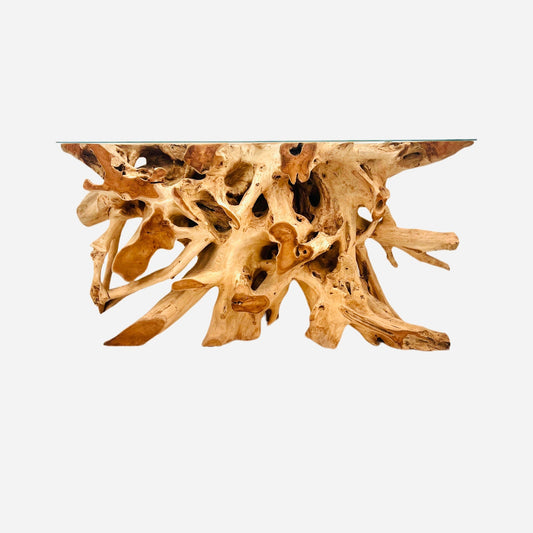 Teak Wood Root Console Table with Glass Top