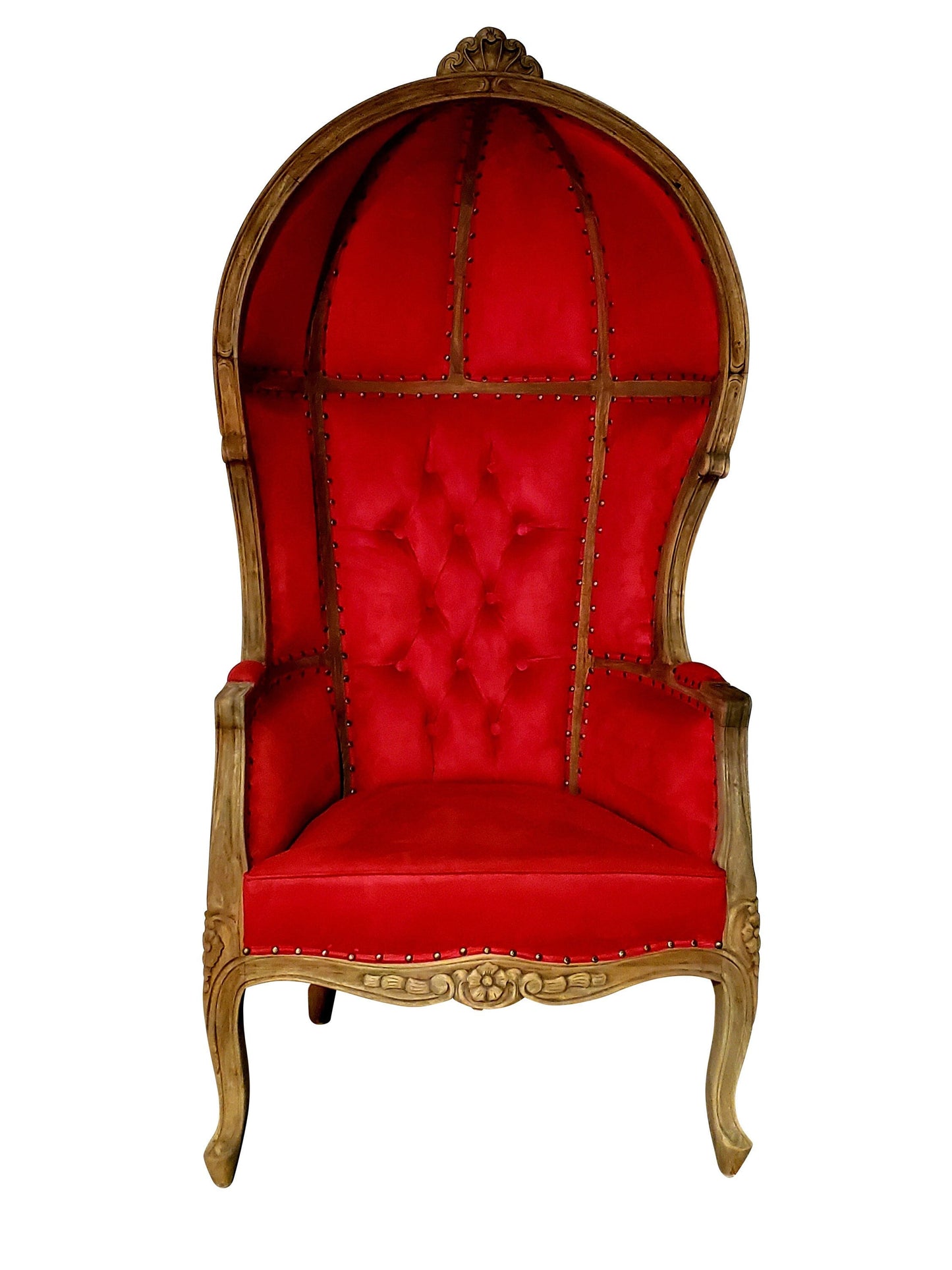 Balloon Chair | Porter Chair | Throne |Louis XV Style Tufted Dome Canopy Chair | Red Velvet Natural Cedar Trim | French Inspired Design
