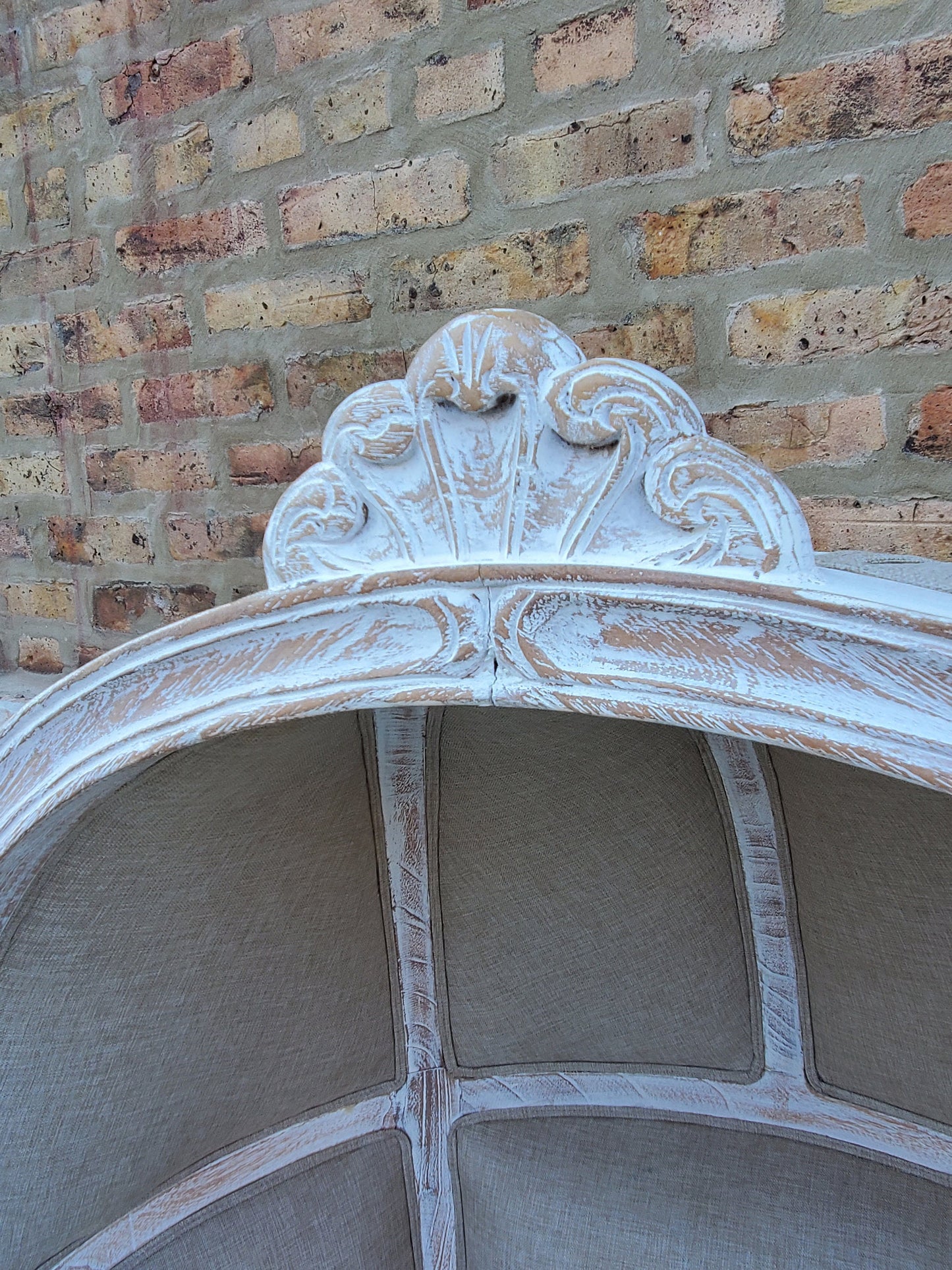 Balloon Chair | Porter Chair | Throne | Louis XV Style Dome Canopy Chair | Beige Fabric White-wash Trim | French Inspired Design