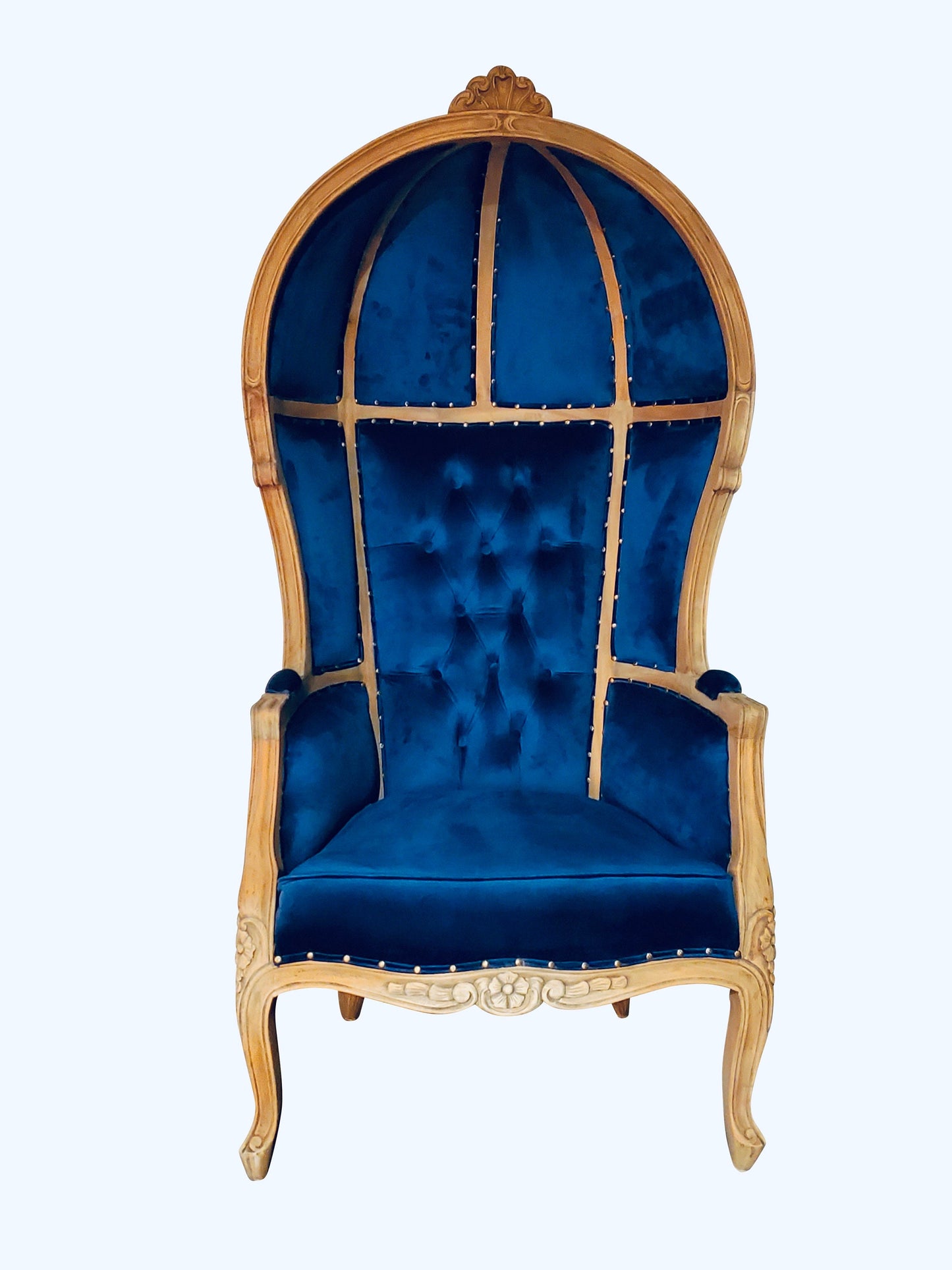 Balloon Chair | Porter Chair | Throne |Louis XV Style Tufted Dome Canopy Chair | Blue Velvet Natural Cedar Trim | French Inspired Design