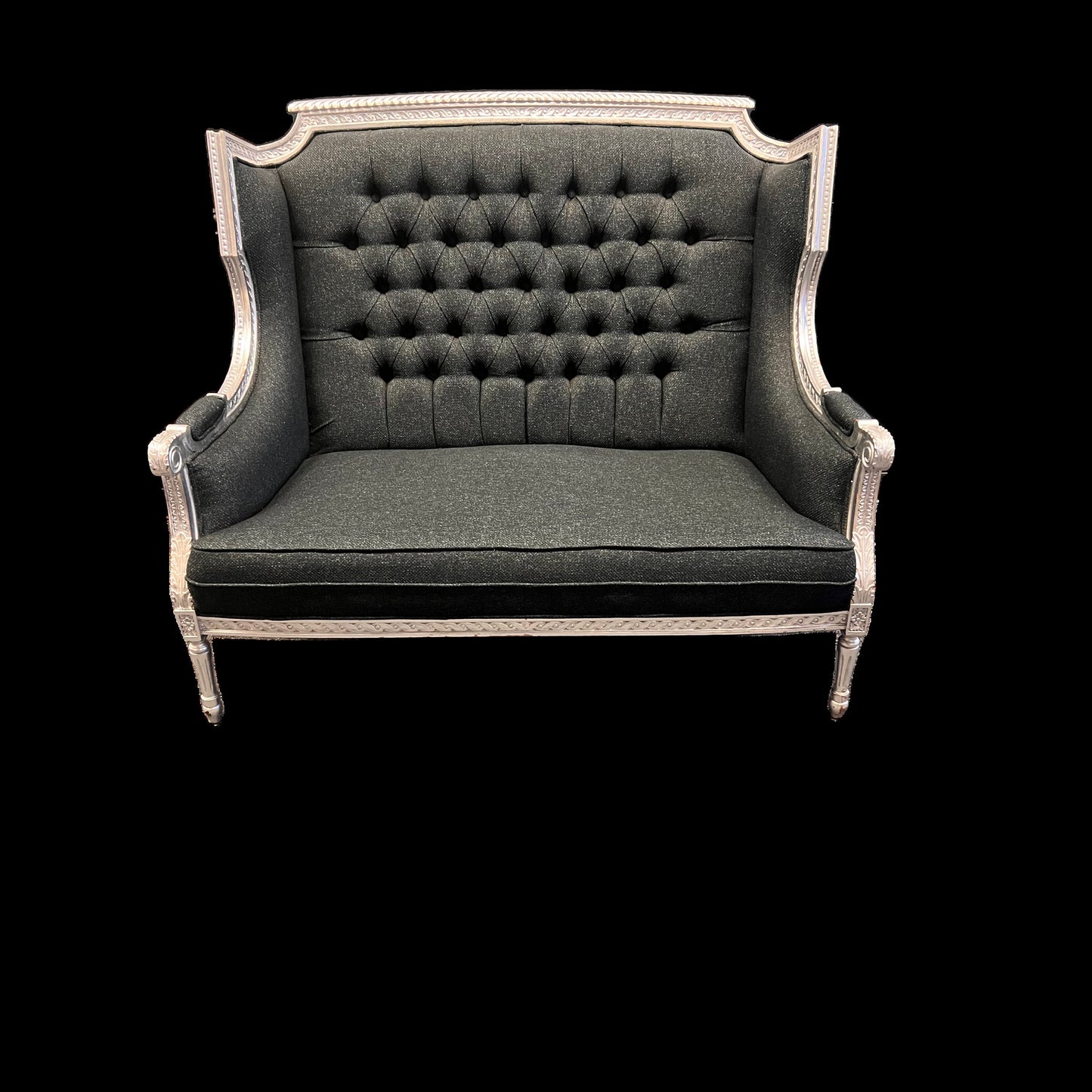 Hand-tufted Solid Wood Silver trim Charcoal-colored Fabric Settee