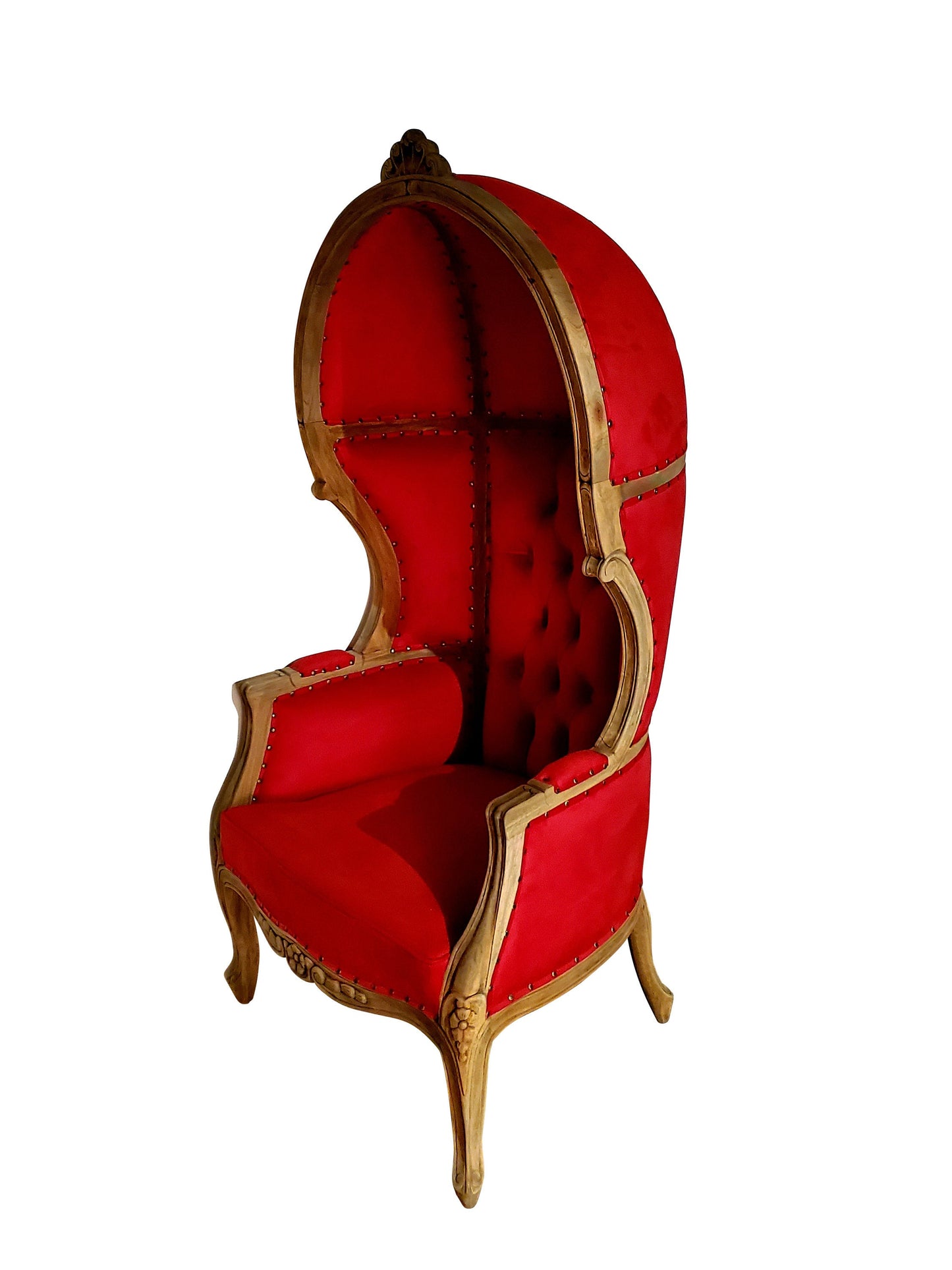 Balloon Chair | Porter Chair | Throne |Louis XV Style Tufted Dome Canopy Chair | Red Velvet Natural Cedar Trim | French Inspired Design