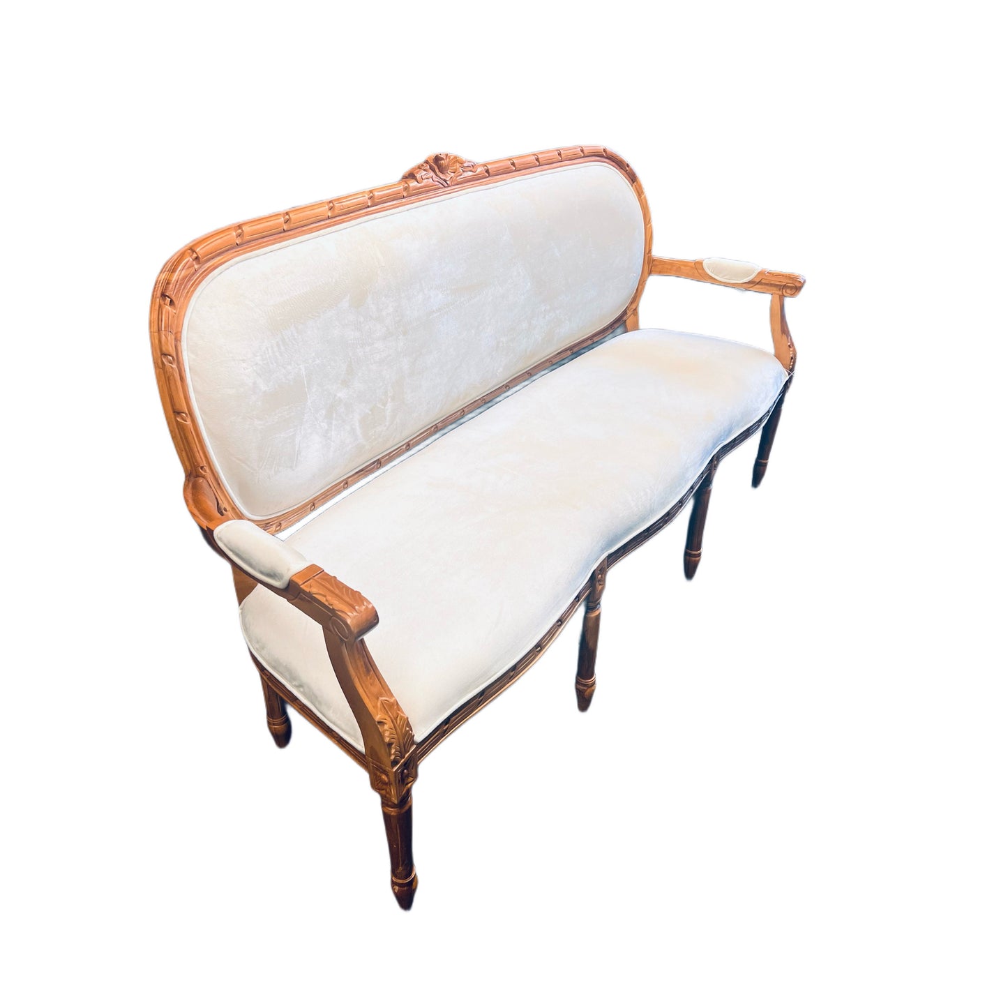 French Teakwood Velvet Loveseat, Sofa