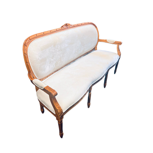French Teakwood Velvet Loveseat, Sofa