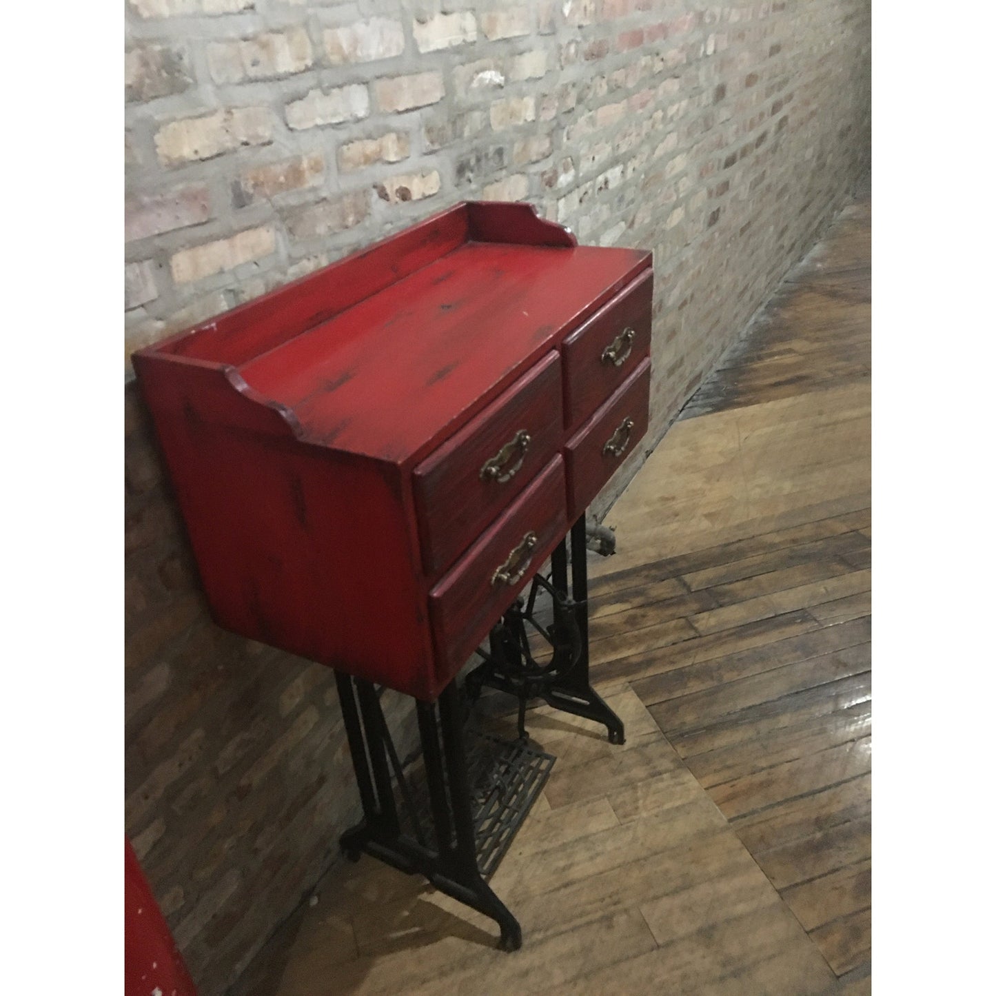 Reclaimed Industrial Table (Teakwood) with Cast Iron Sewing Machine Base