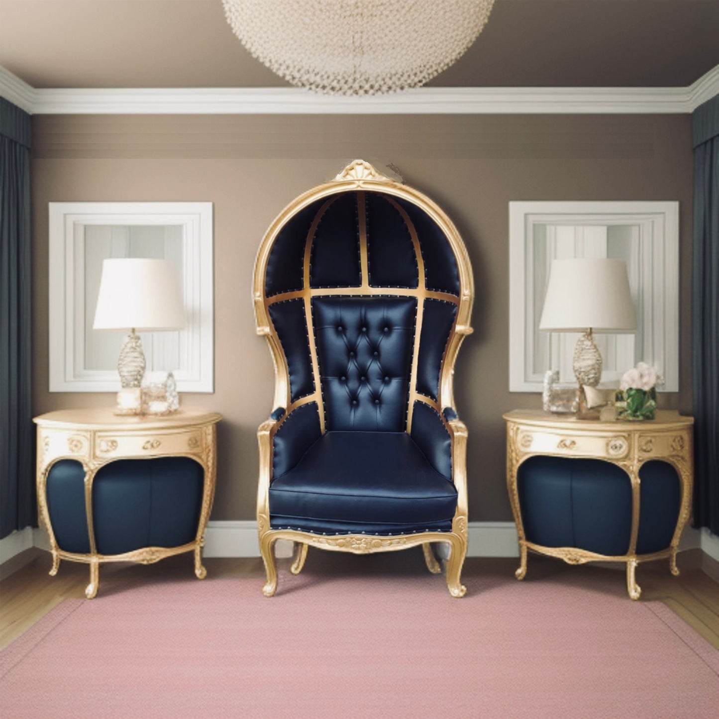Balloon Chair | Porter Chair | Throne | Louis XV Style Tufted Dome Canopy Chair | Black Leather Gold Trim | French Inspired Design