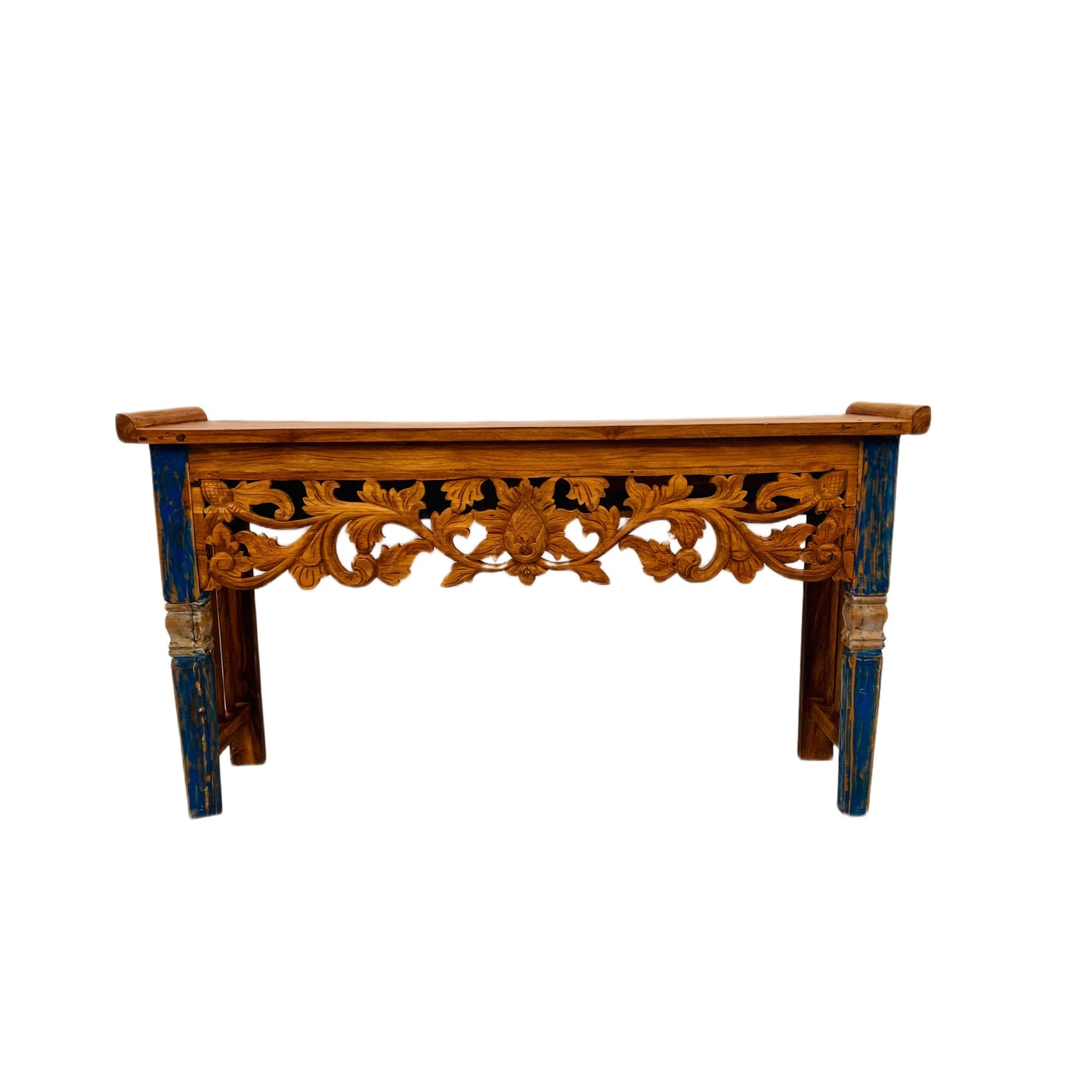 Console Table | Reclaimed Teak Wood | Architectural Carved Console | Hand-Painted | Handmade | Carved Console Table | Leaf Design
