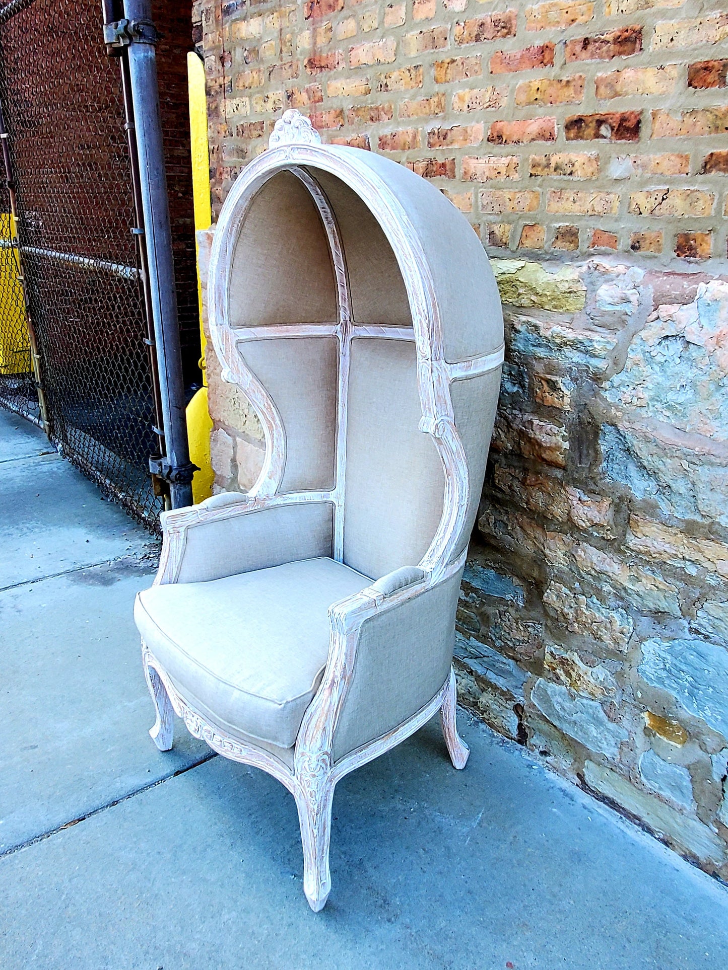 Balloon Chair | Porter Chair | Throne | Louis XV Style Dome Canopy Chair | Beige Fabric White-wash Trim | French Inspired Design