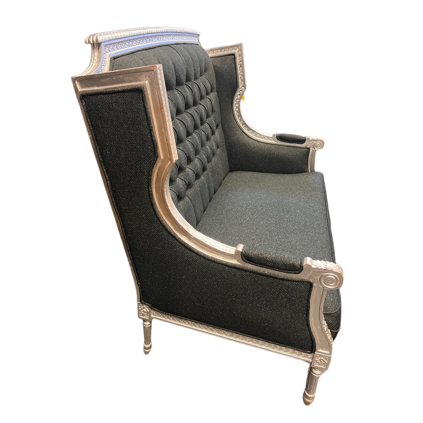 Hand-tufted Solid Wood Silver trim Charcoal-colored Fabric Settee