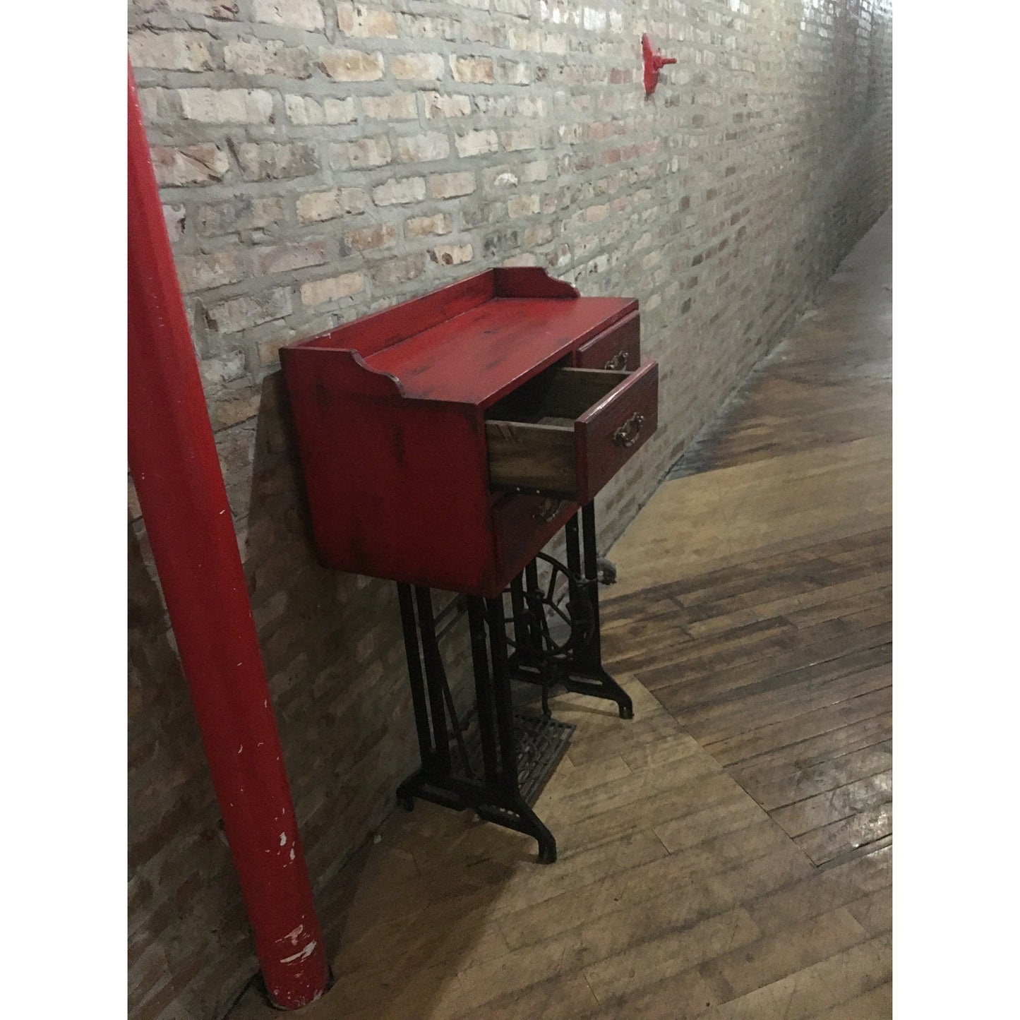 Reclaimed Industrial Table (Teakwood) with Cast Iron Sewing Machine Base
