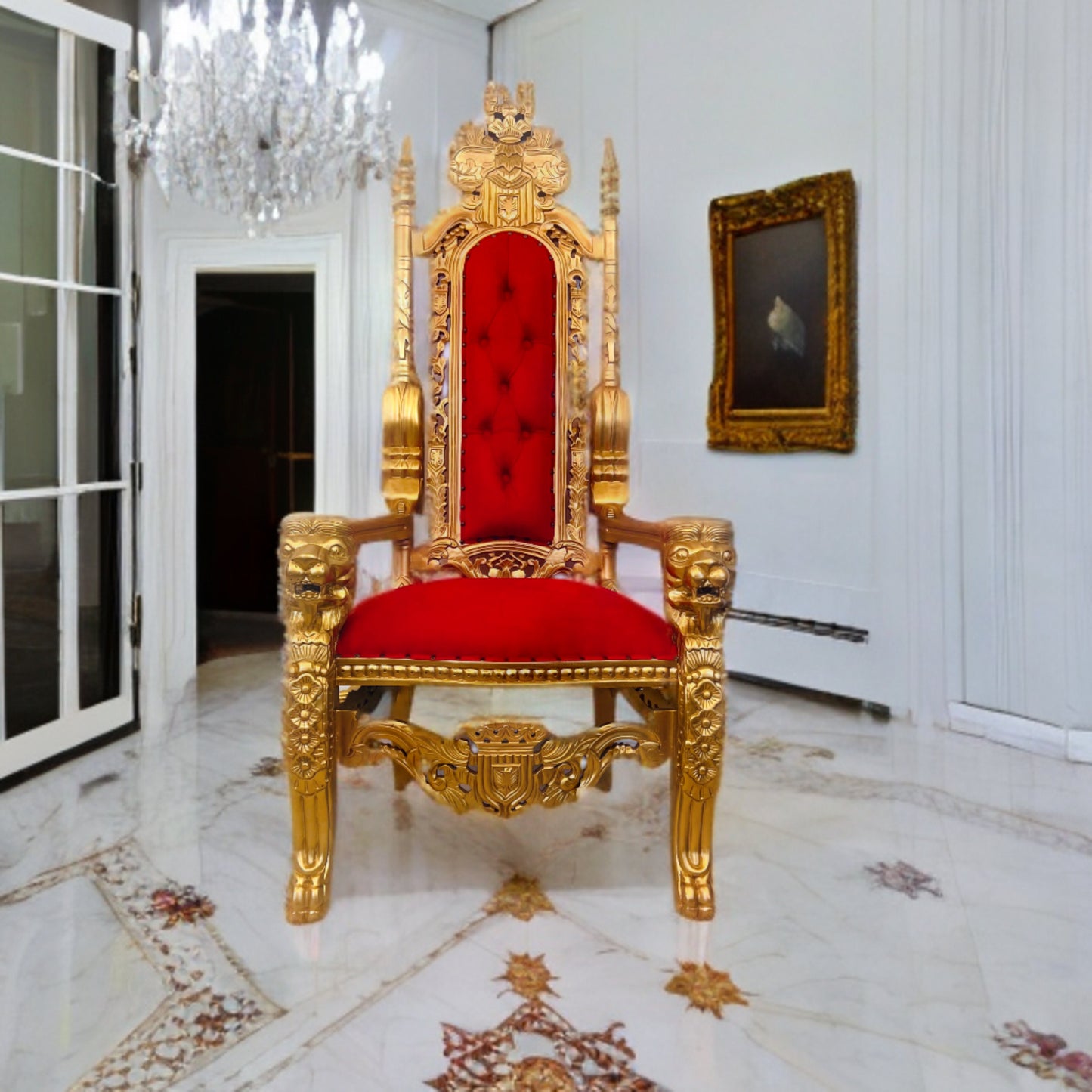 Throne Chair | King Throne Chair | Mahogany wood | Red | Lion Head