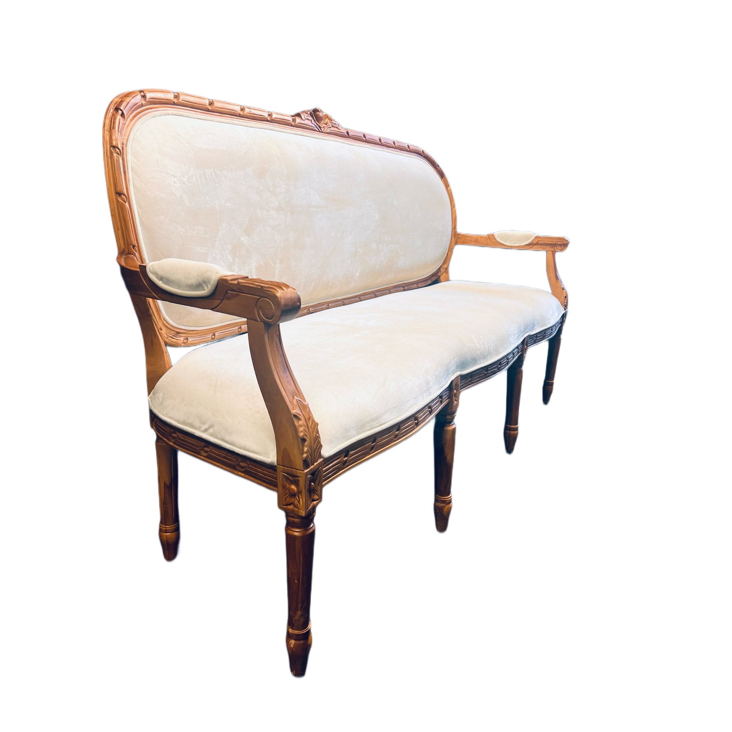 French Teakwood Velvet Loveseat, Sofa