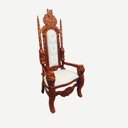 Throne Chair | King | Mahogany wood | Genuine Leather | White | Lion Head