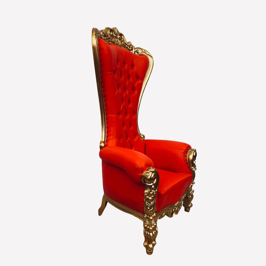 Throne Chair | Mahogany Wood Queen Ornate Frame Tufted Red Faux Leather Wedding Birthday Sweet 16 Quinceañera Graduation Party Foyer Lobby