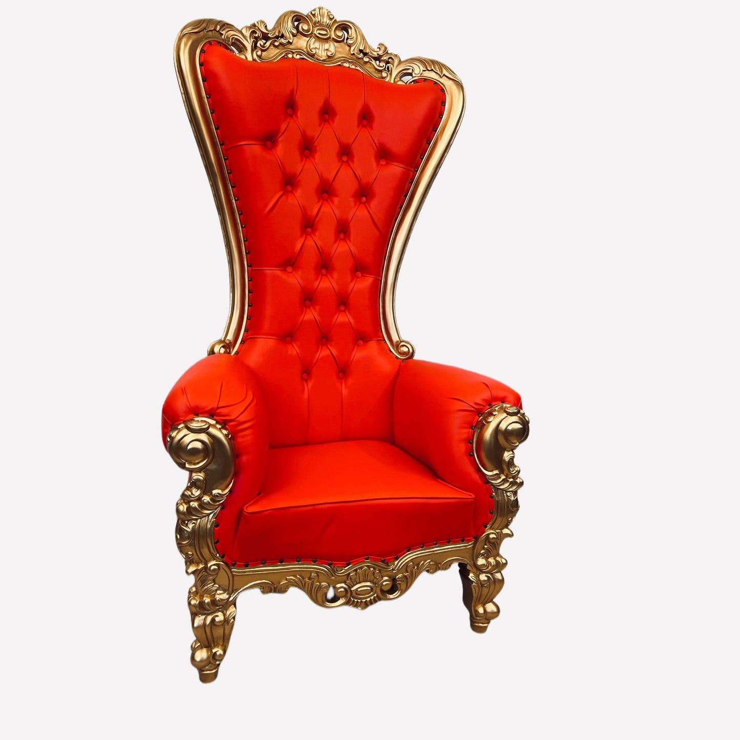 Throne Chair | Mahogany Wood Queen Ornate Frame Tufted Red Faux Leather Wedding Birthday Sweet 16 Quinceañera Graduation Party Foyer Lobby