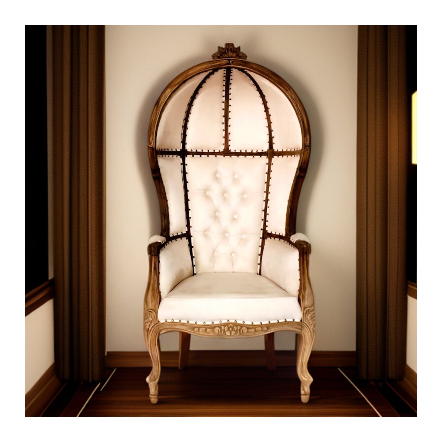 Balloon Chair | Porter Chair | Throne | Louis XV Style Tufted Dome Canopy Chair | White Linen | French Inspired Design