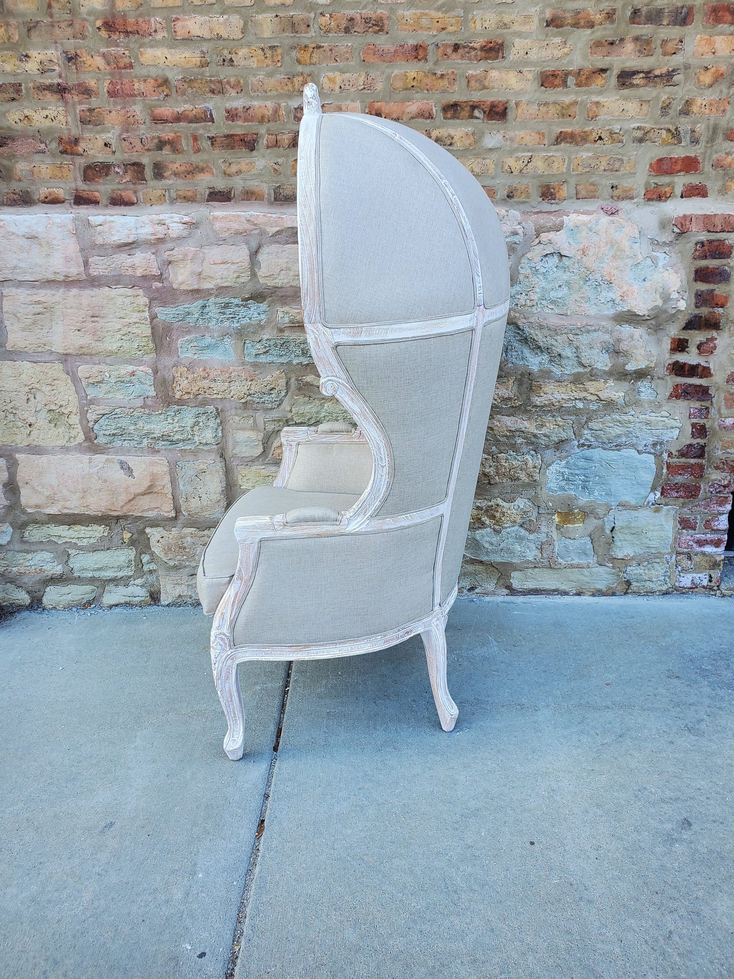 Balloon Chair | Porter Chair | Throne | Louis XV Style Dome Canopy Chair | Beige Fabric White-wash Trim | French Inspired Design
