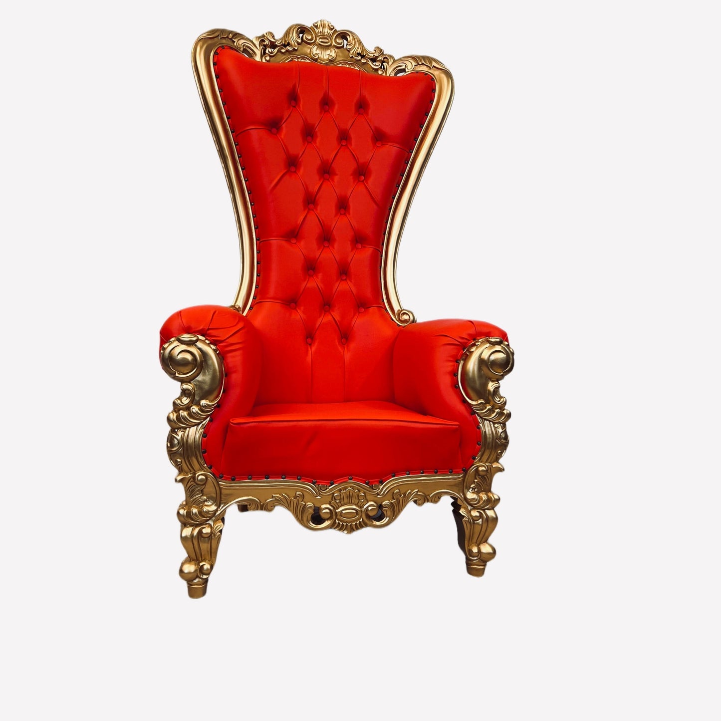 Throne Chair | Mahogany Wood Queen Ornate Frame Tufted Red Faux Leather Wedding Birthday Sweet 16 Quinceañera Graduation Party Foyer Lobby