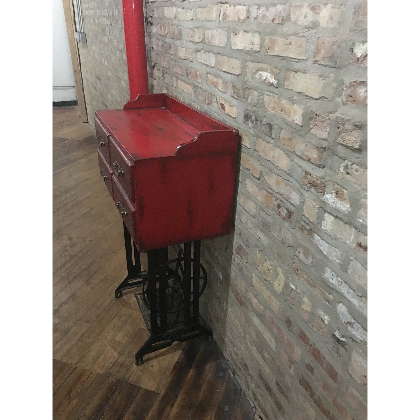 Reclaimed Industrial Table (Teakwood) with Cast Iron Sewing Machine Base